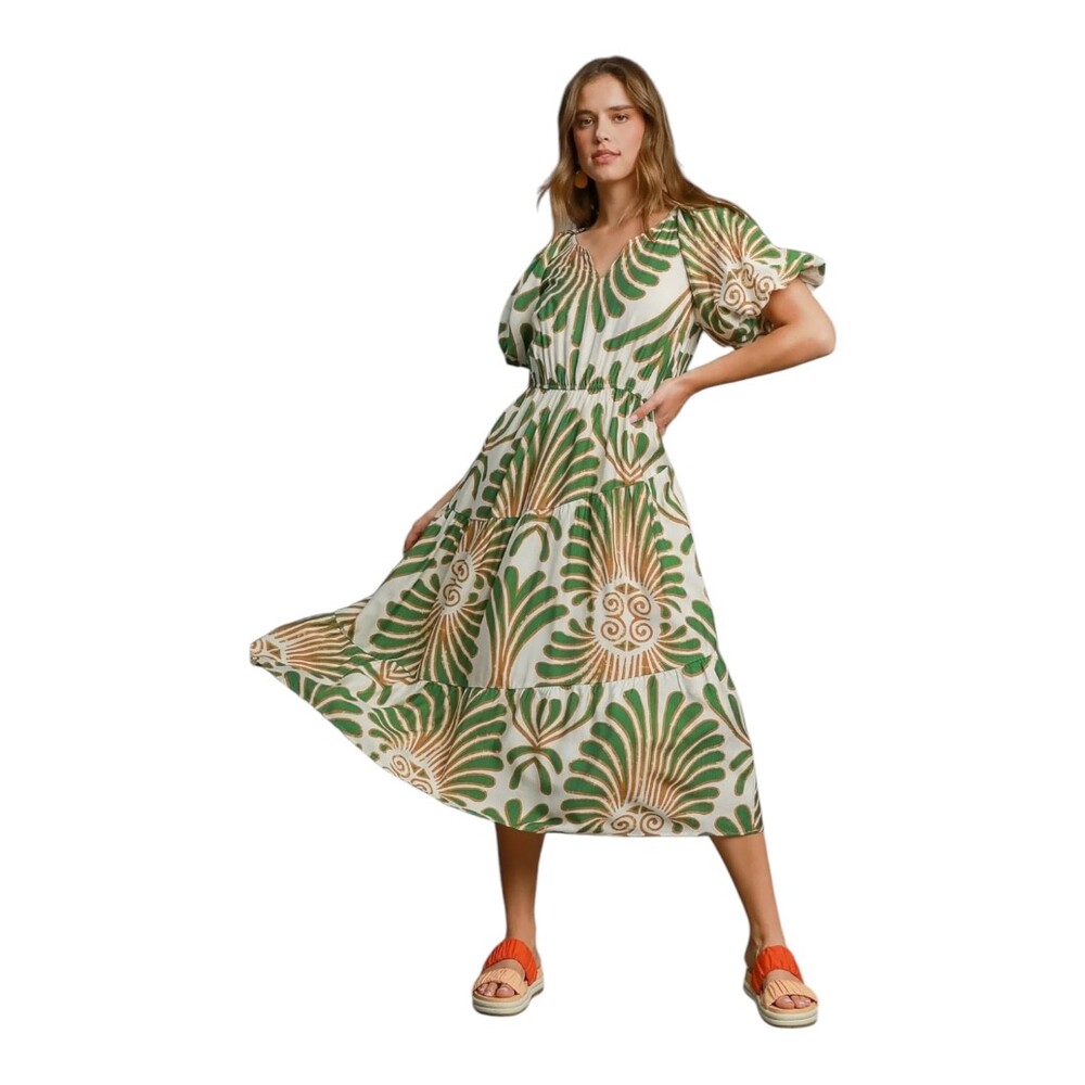 NWT Umgee Green Tiered Puff Sleeve Tropical Midi‎ Dress Size Small